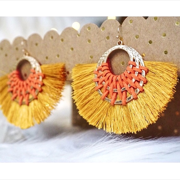 NEW! Mustard Tassel Triple Hoop Earrings - Picture 2 of 8